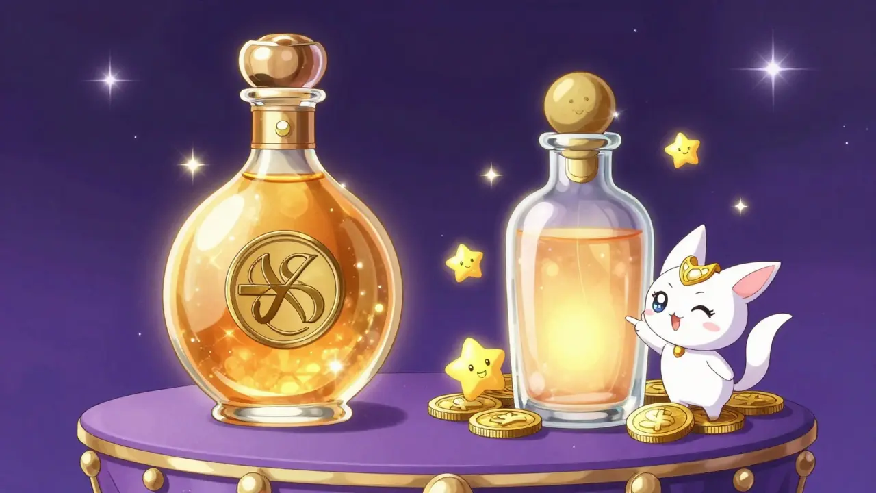 Magical comparison of expensive brand vs cheap generic medicine bottles