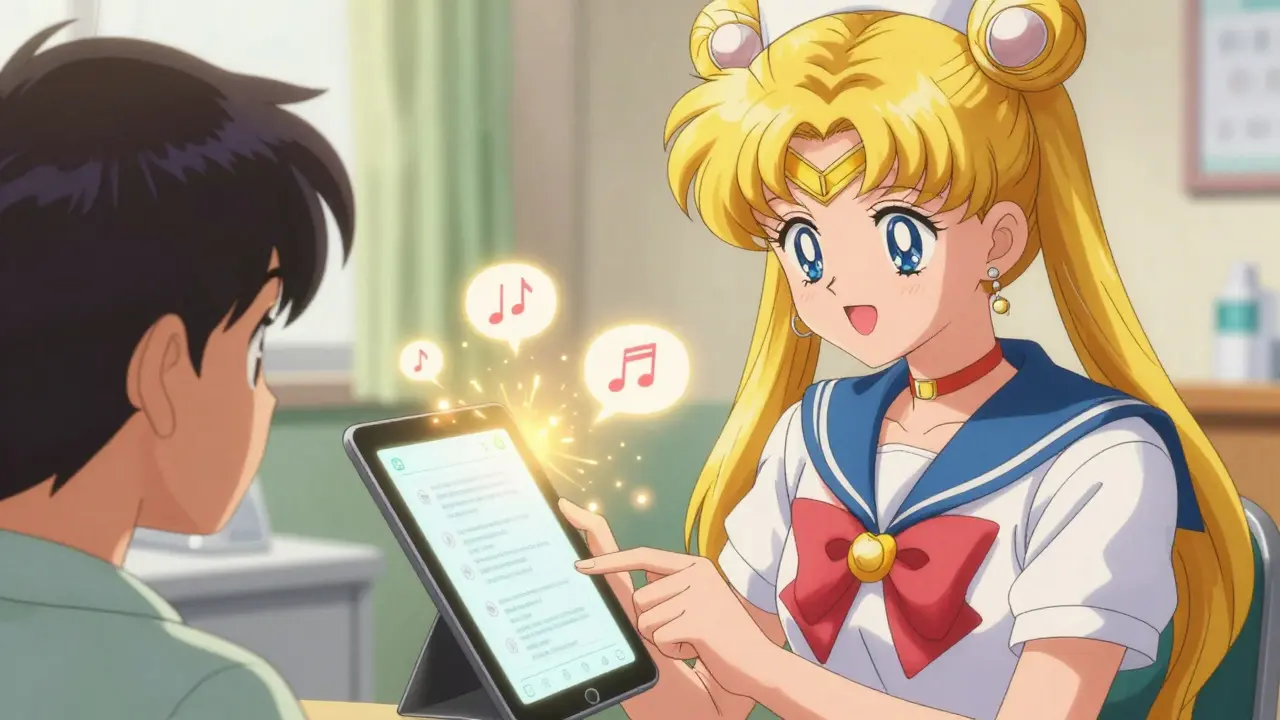 Nurse helping patient scan prescription with tablet, magical audio icons floating in air