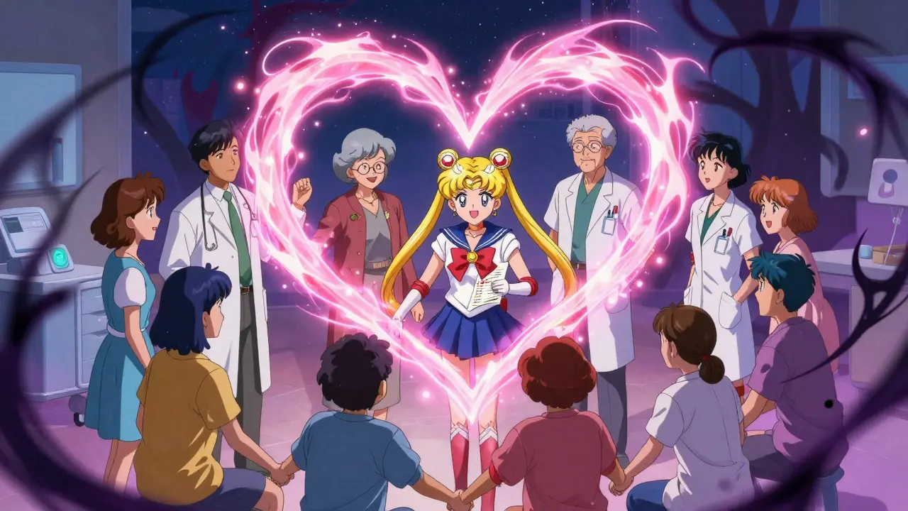 Patients and doctors united in a protective magical circle