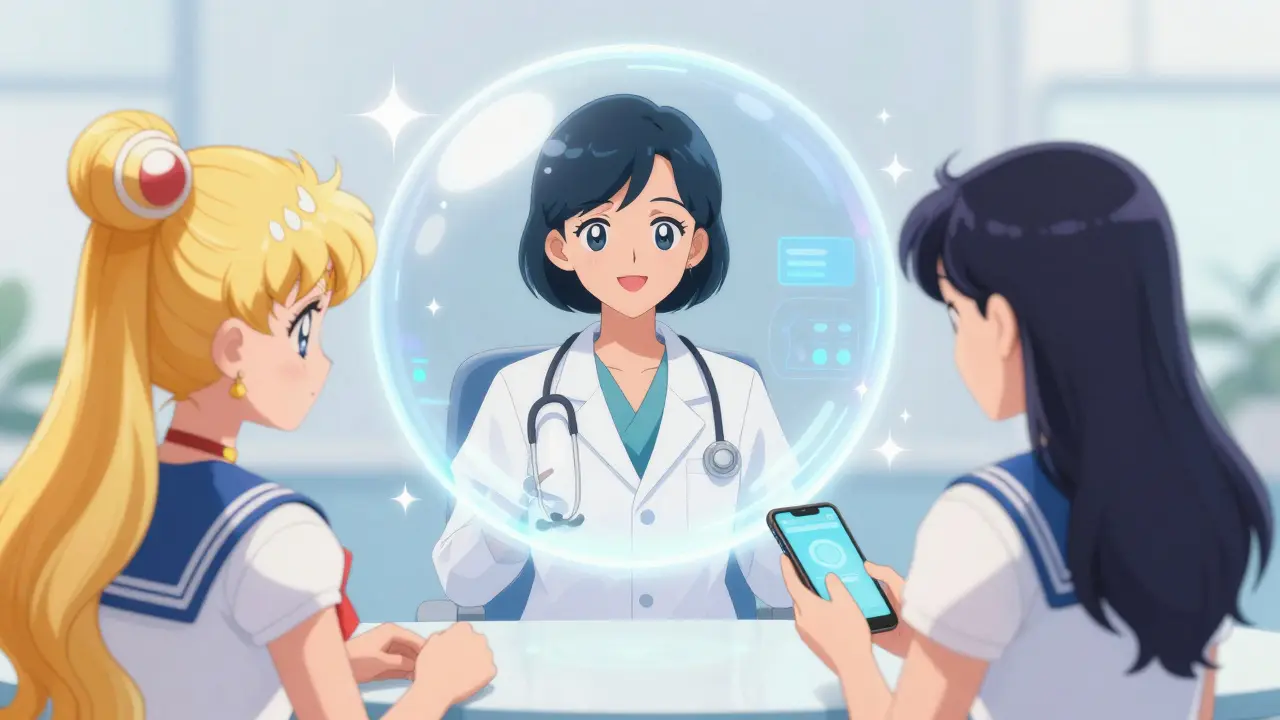 Stylized anime doctor in hologram comforting patient during online consult