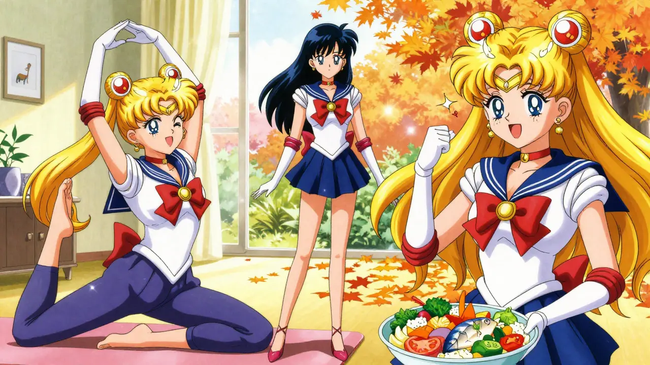 Women doing yoga, walking, and eating healthy food in anime style