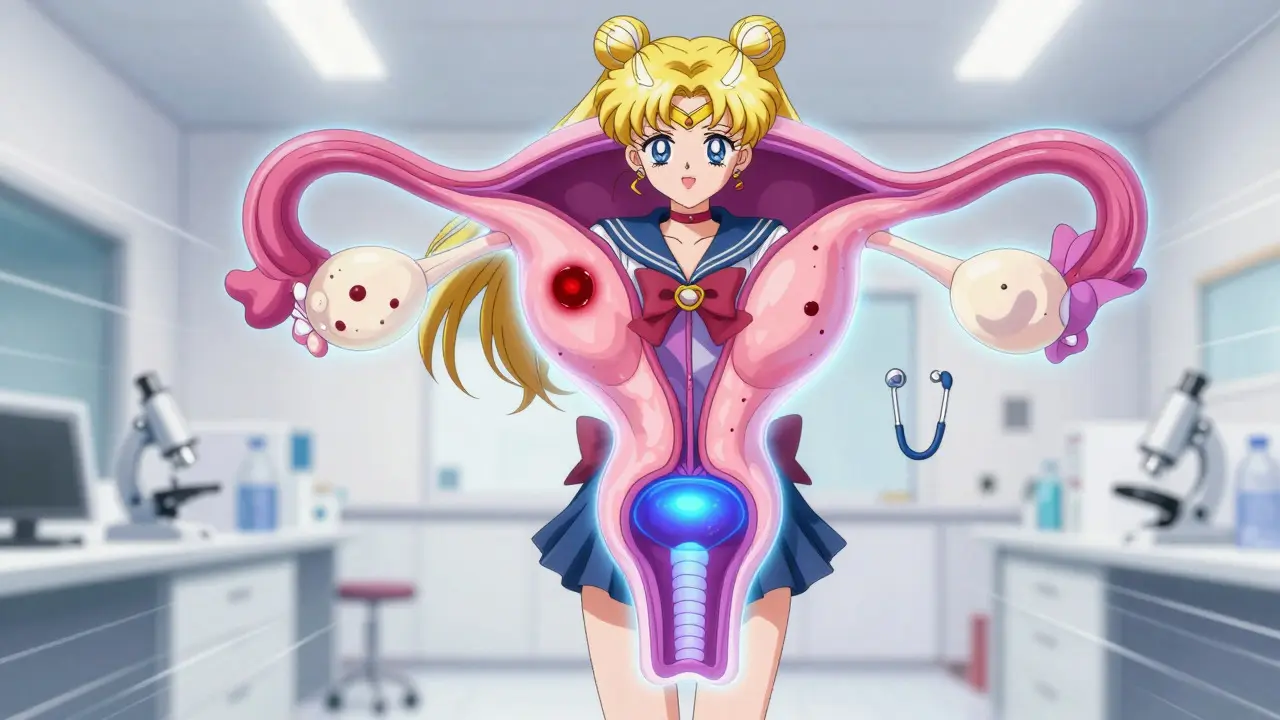 Anime character examining glowing pelvic anatomy map in lab