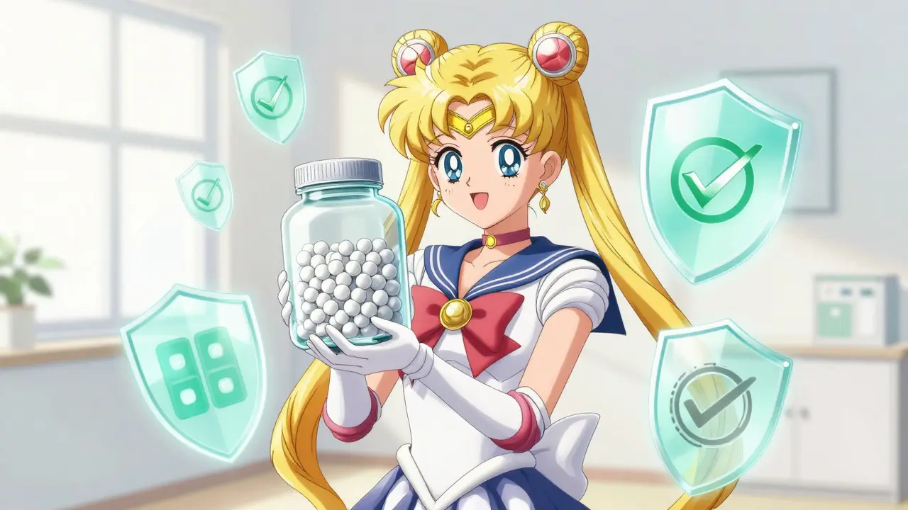 Anime character holding bulk medication with safety shields
