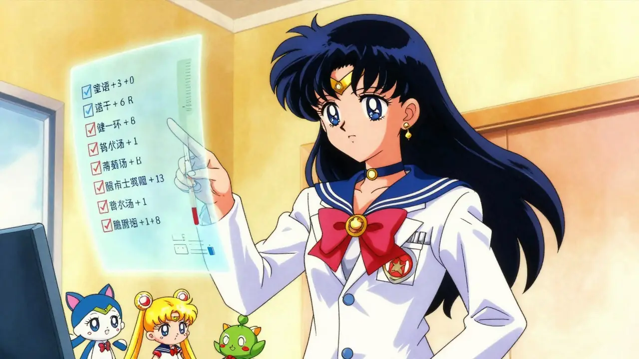 Anime doctor managing medication levels with magical tools
