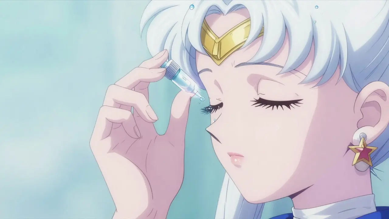 Anime hand applying eye drops carefully