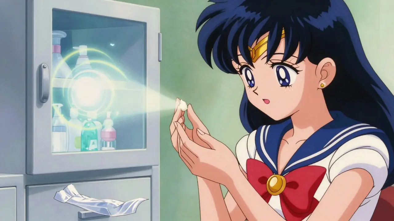 Anime parent applying cream safely with locked cabinet nearby