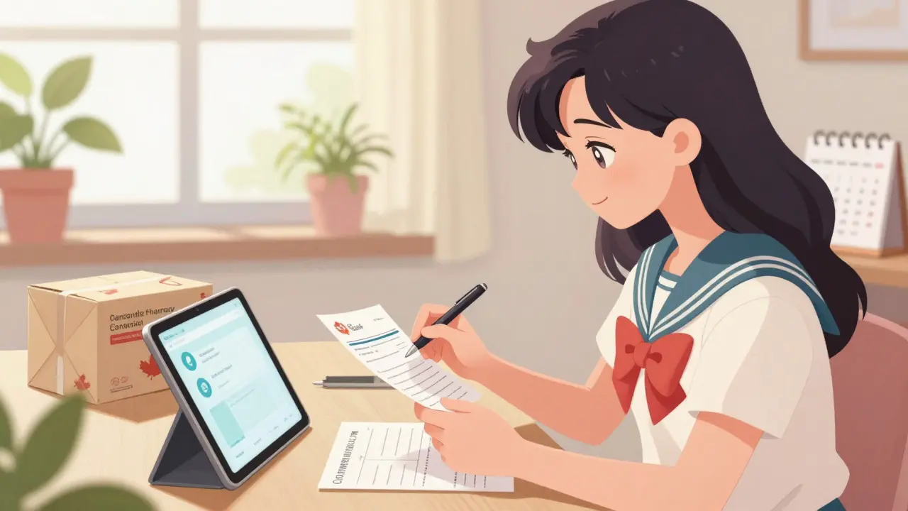 Anime woman receiving certified medicine package at home