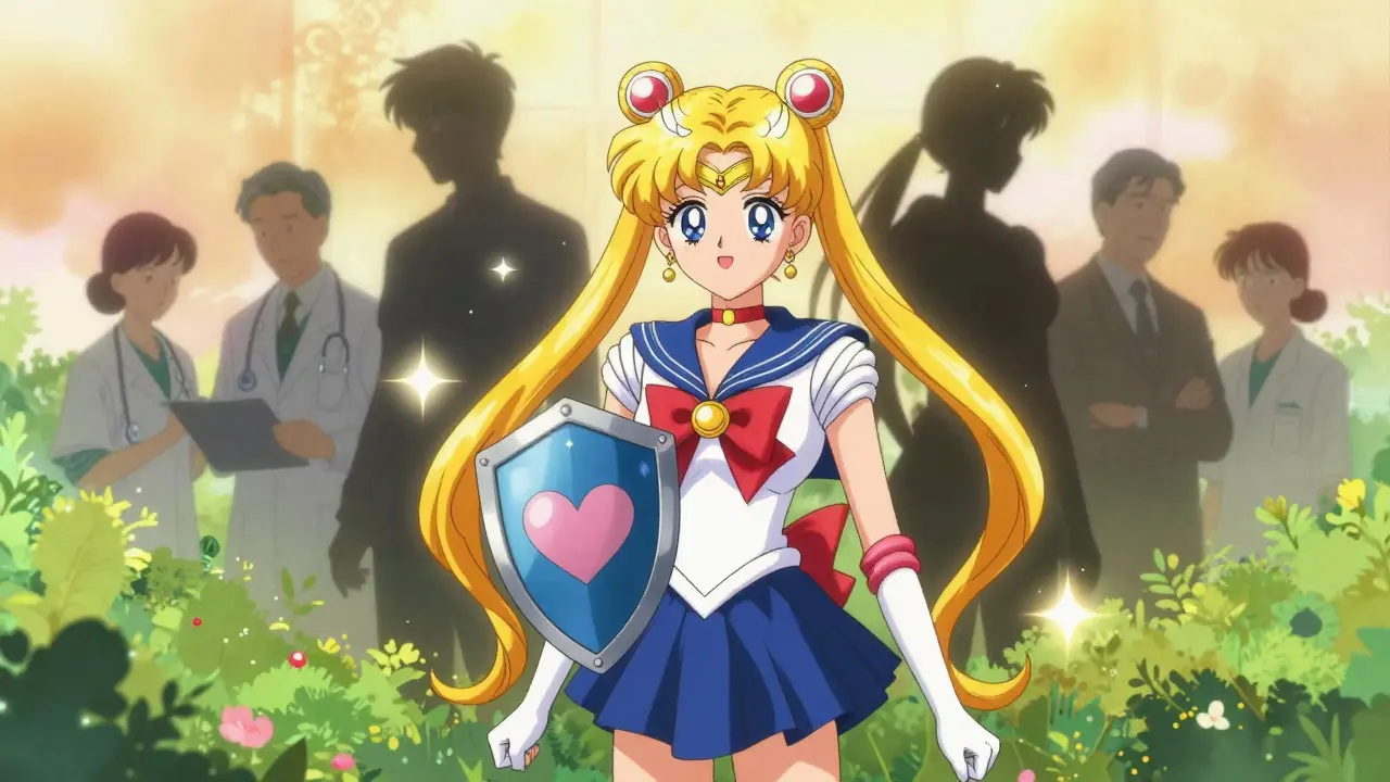 Anime woman standing confidently with shield, shadows fading