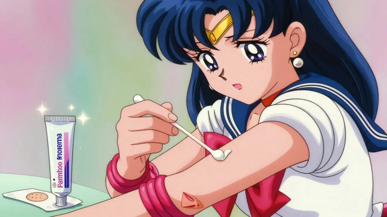 Close-up of anime character applying antibiotic ointment to a cut