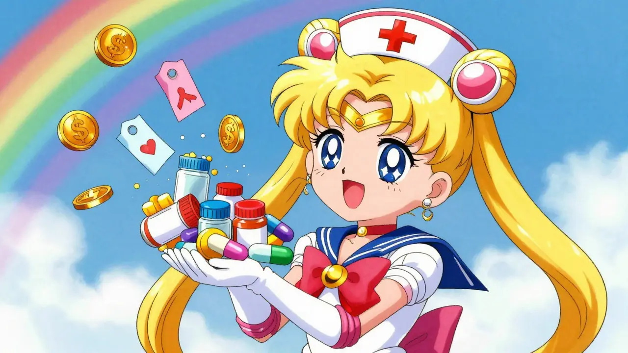 Cute anime mascot showing pills turning into money to save costs