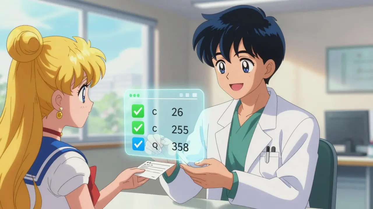 Doctor explaining affordable meds in anime style