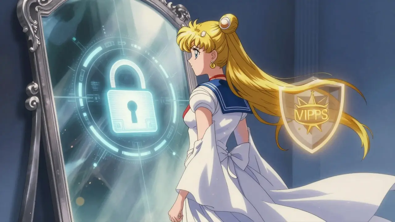 Elegant anime figure verifying safety seals and secure health data