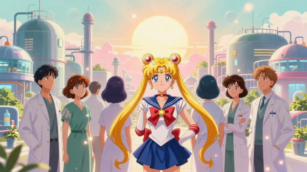 Hopeful anime scene of domestic drug manufacturing under golden light