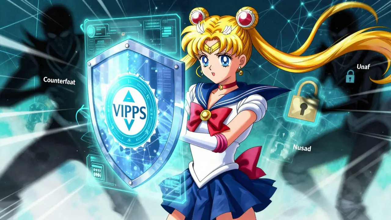 Magical girl blocking fake drugs with VIPPS shield