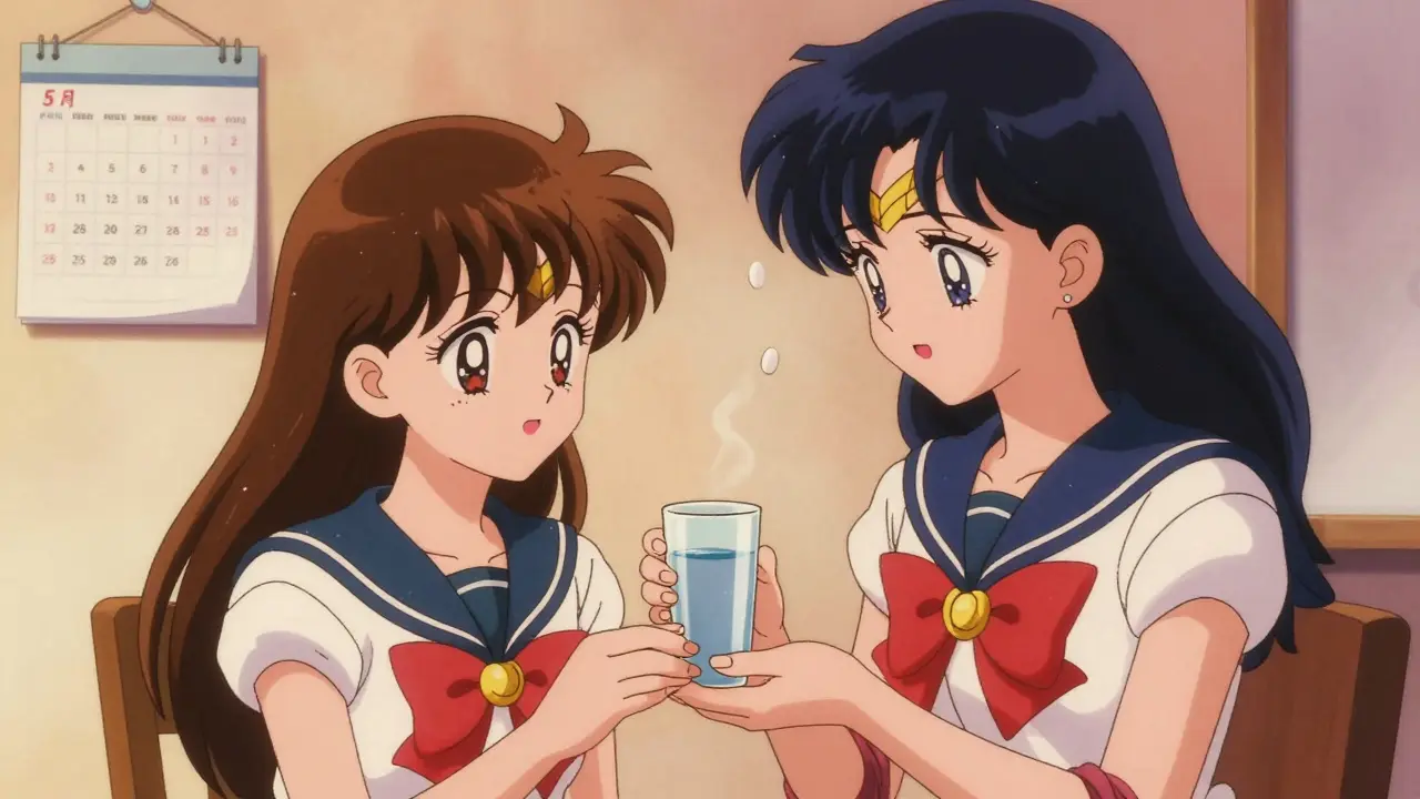 Mother giving medicine to daughter in anime style