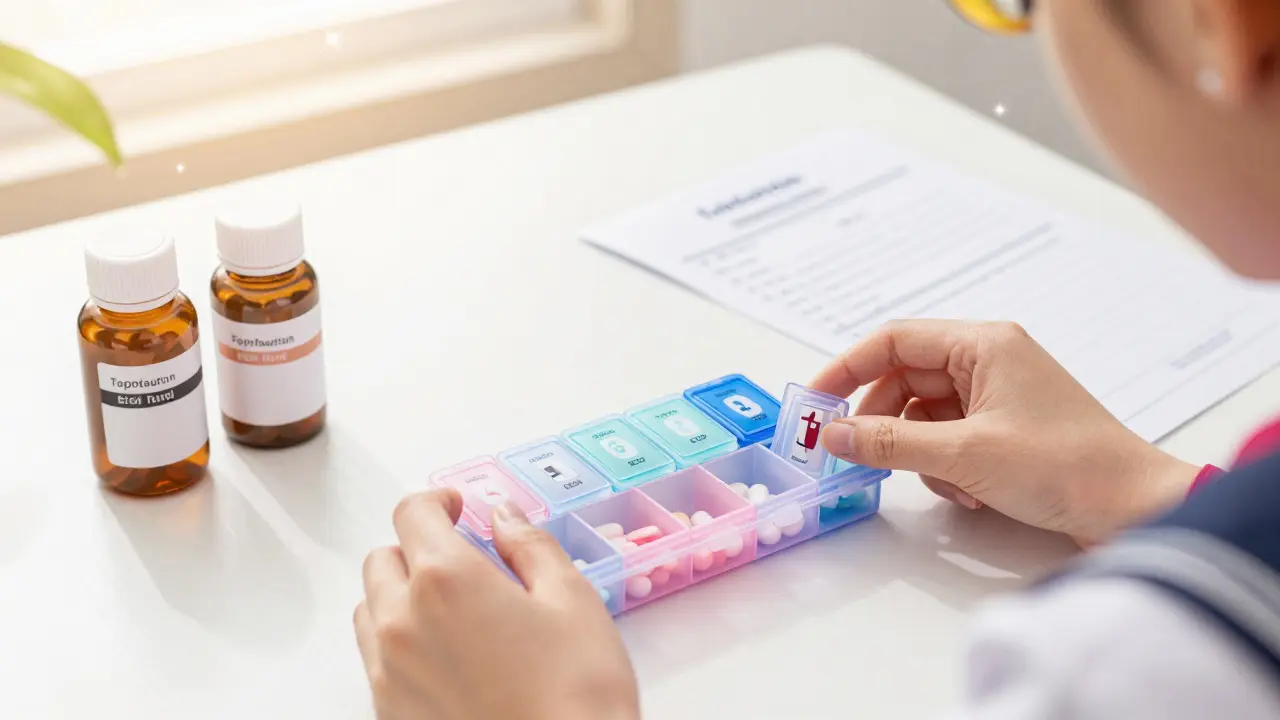 Organizing pills in a box with original bottles nearby