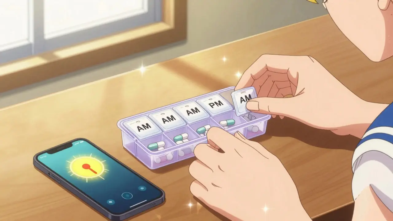 Person organizing pill box with smartphone reminder in sunny room