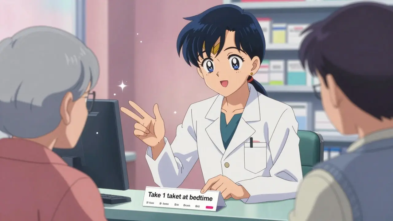Pharmacist explaining clear medication instructions to elderly patient