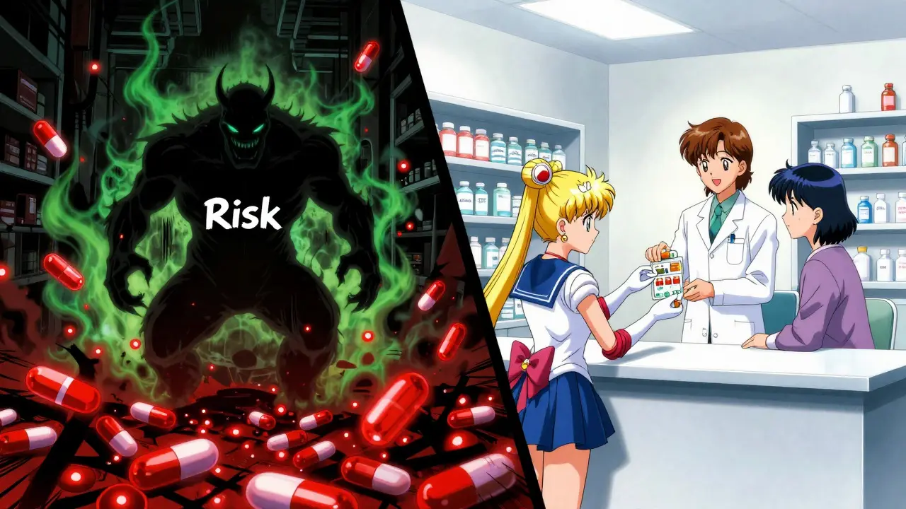 Split scene: dark warehouse risks vs bright safe pharmacy