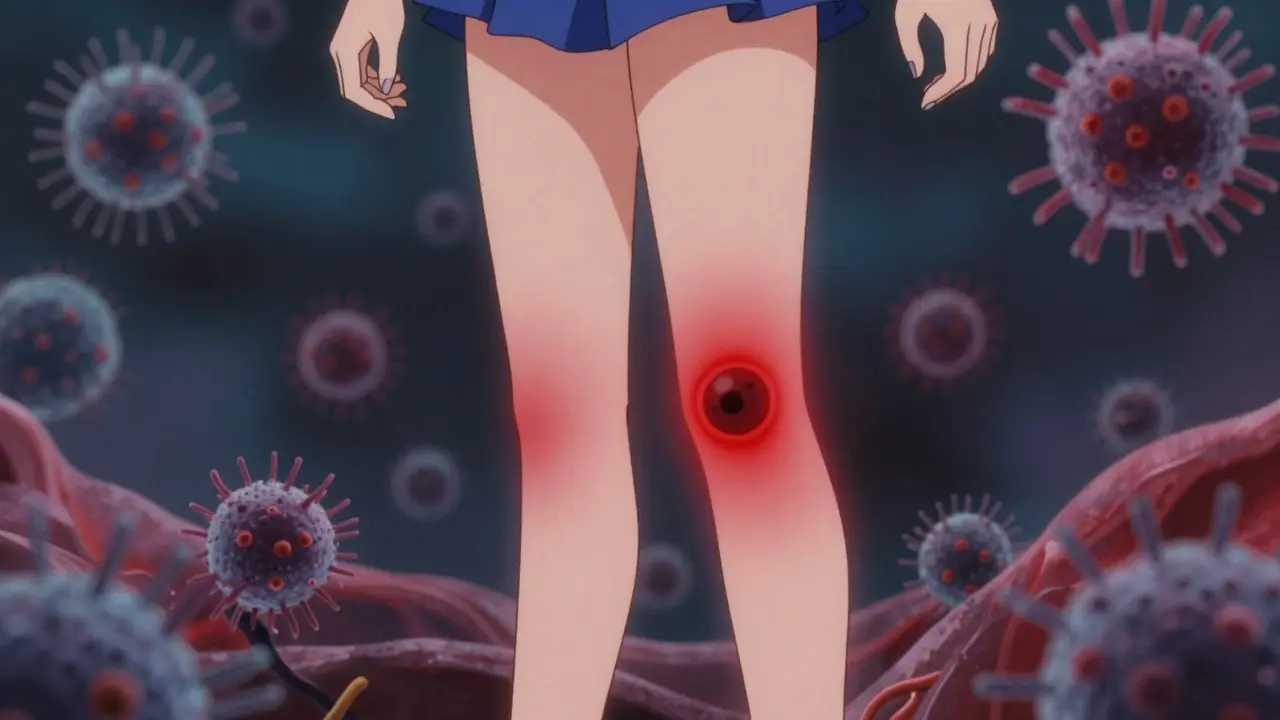Stylized anime depiction of Lyme disease rash and bacteria