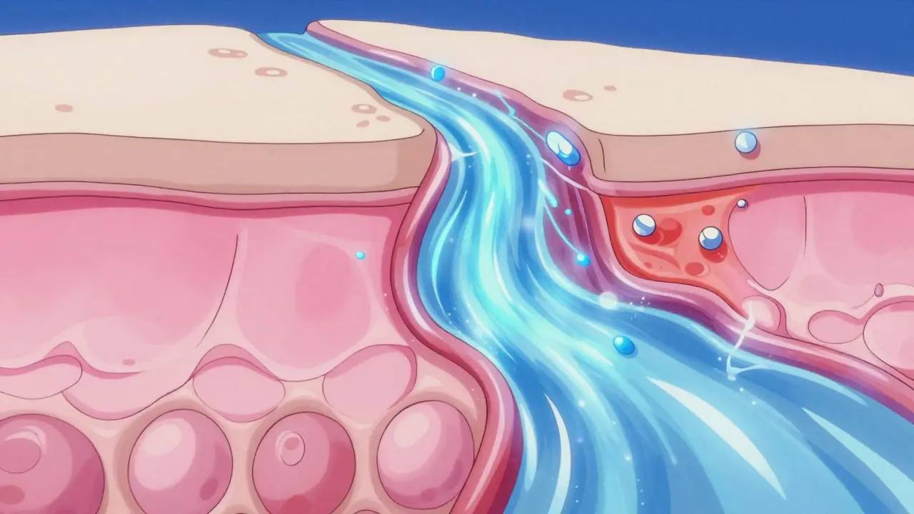 Stylized anime graphic showing medication absorbing through skin