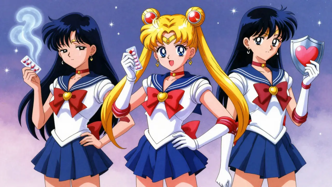 Three anime characters holding different pain relievers against a starry sky