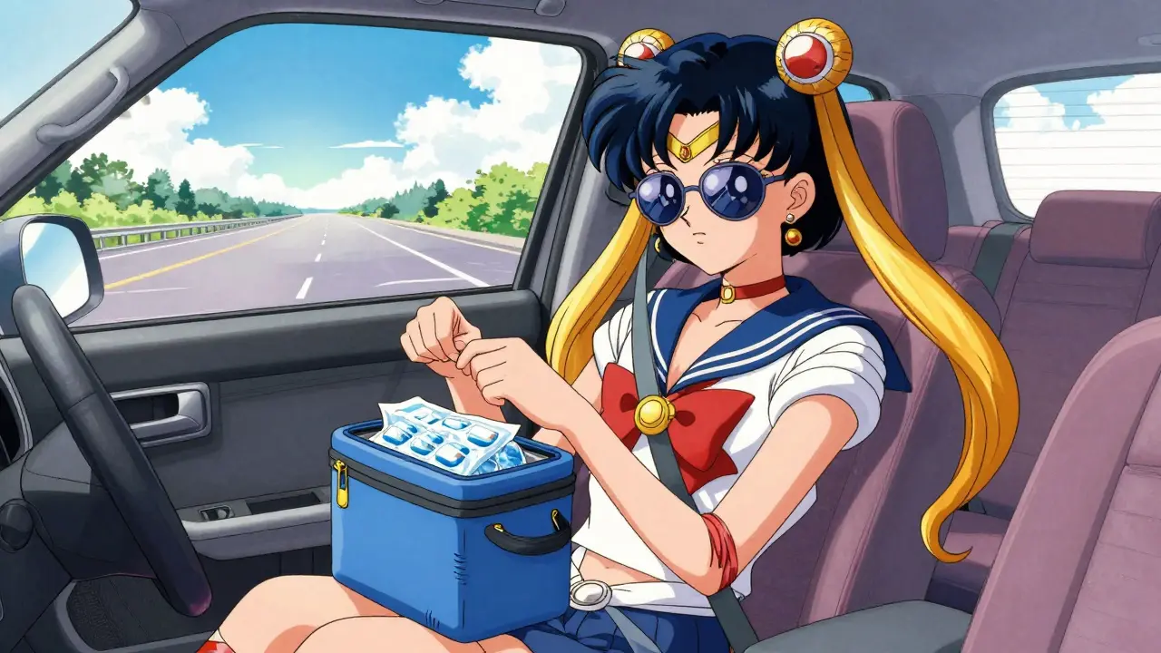 Traveler holding insulated med cooler in a car
