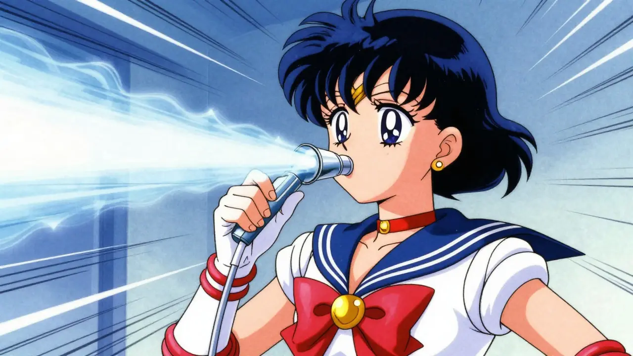 Anime character blowing forcefully into a spirometer device