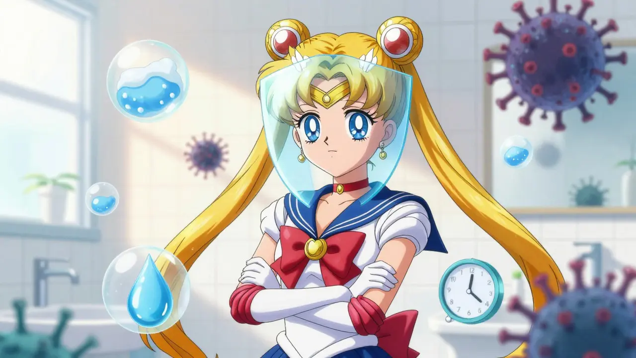 Anime character protected by a shield against germs while practicing hygiene