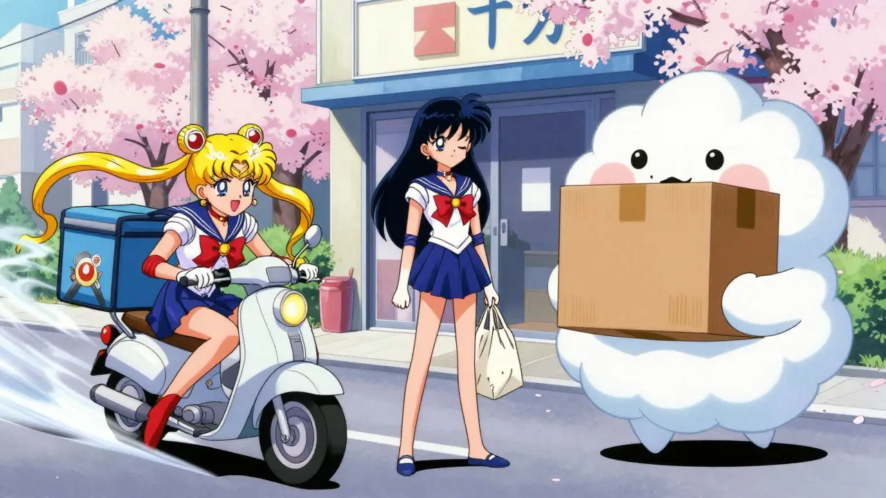 Anime characters representing different online delivery methods