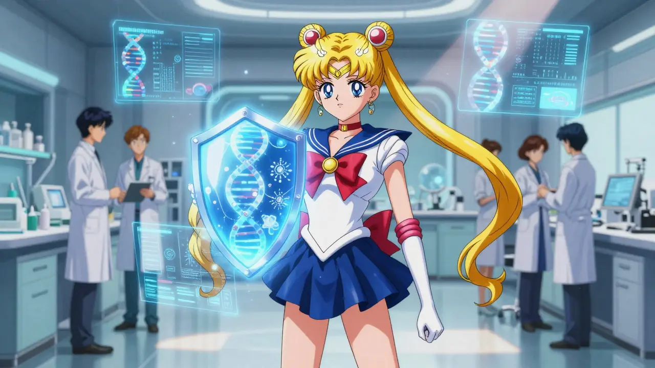 Anime hero holding a light shield in a futuristic lab, symbolizing precision medicine.