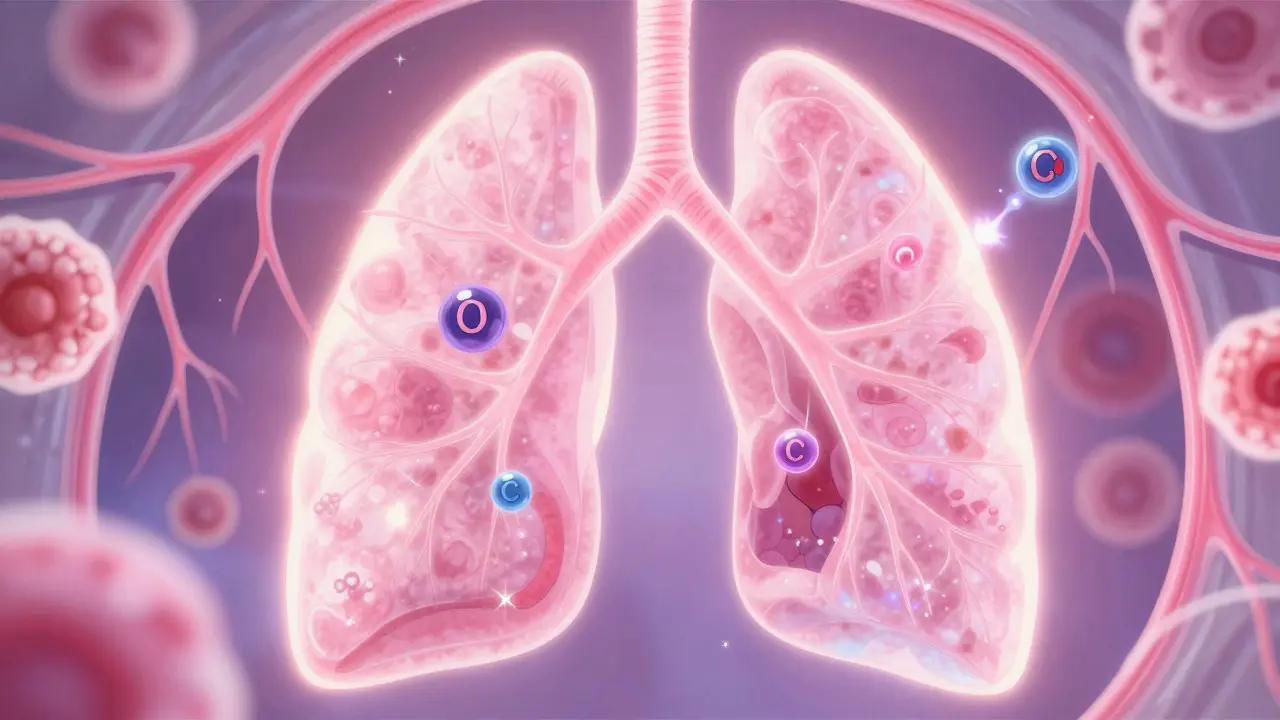 Anime-style illustration showing oxygen molecules moving through lung tissue