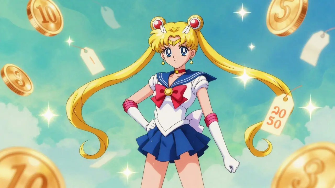Character surrounded by glowing coins in Sailor Moon style