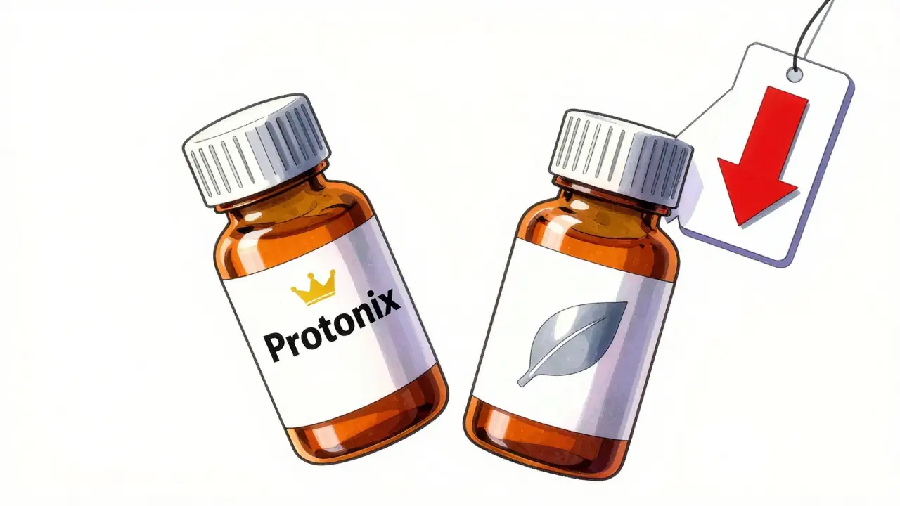 Comparison of brand name and generic medication bottles with price tags
