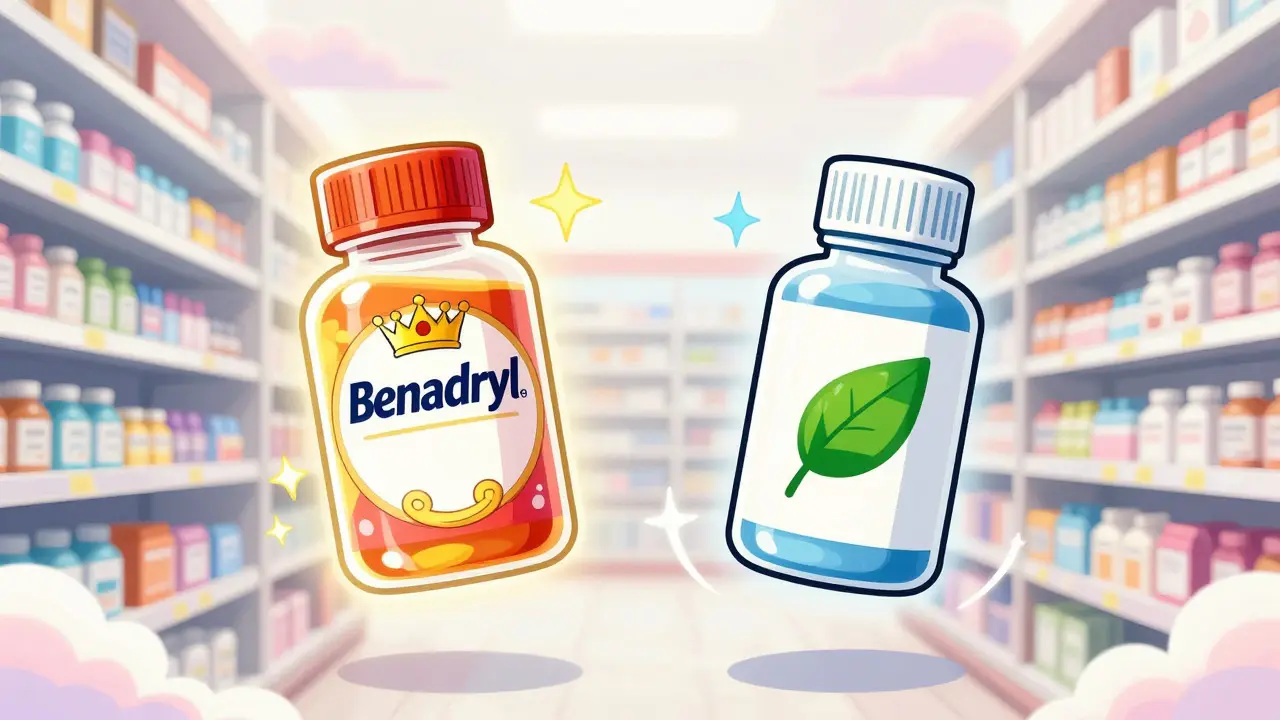 Comparison of brand name vs generic medicine bottles in anime style