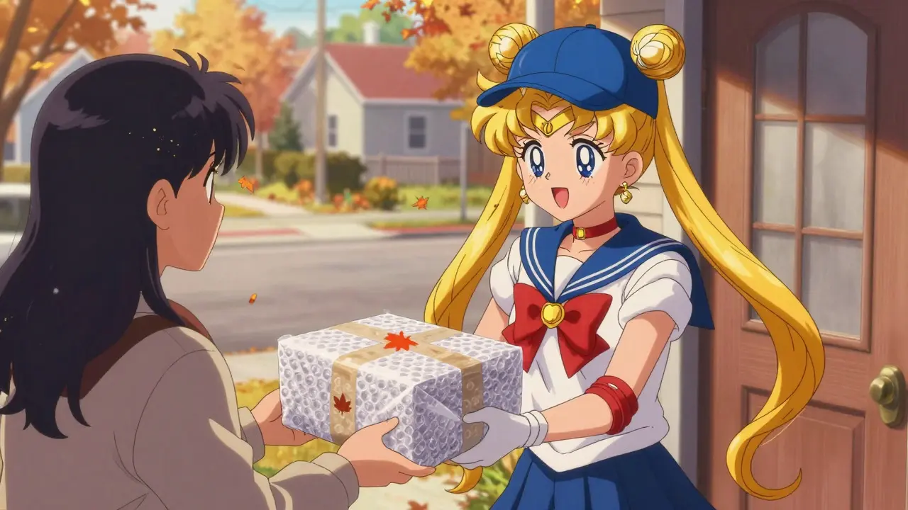 Delivery person handing package to happy customer on doorstep