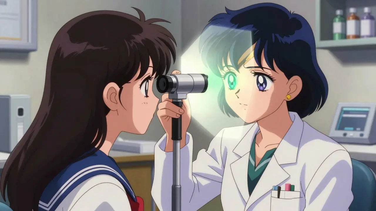 Doctor examining a patient's eye with a slit lamp revealing a glowing ulcer