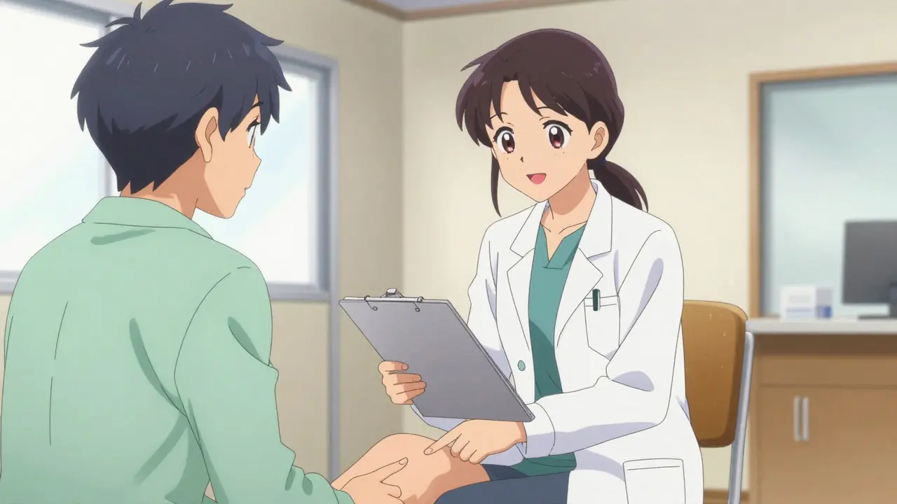 Doctor examining a patient's knee in a bright clinic room in anime style