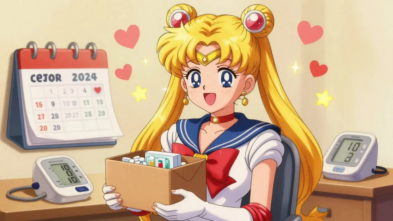 Happy anime character receiving medication delivery box