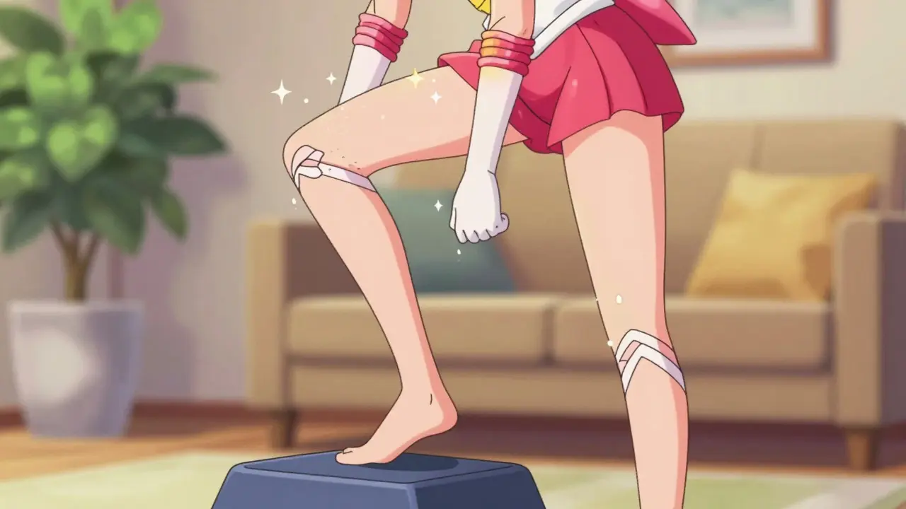 Person doing heel drop exercises for tendon rehab in an anime living room