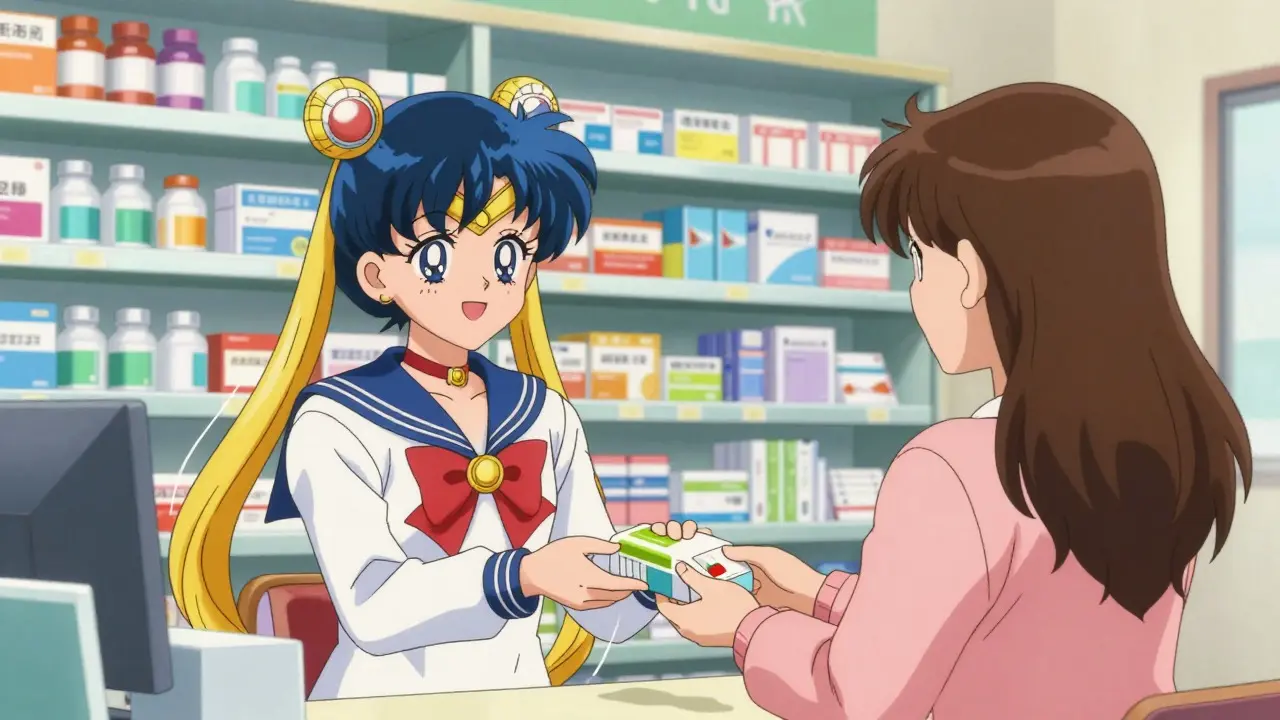 Pharmacist handing a package to a customer in anime style