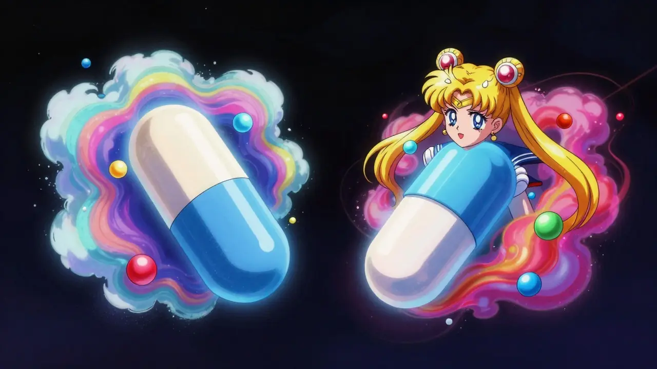 Two pills showing hidden inactive ingredients vs active drug