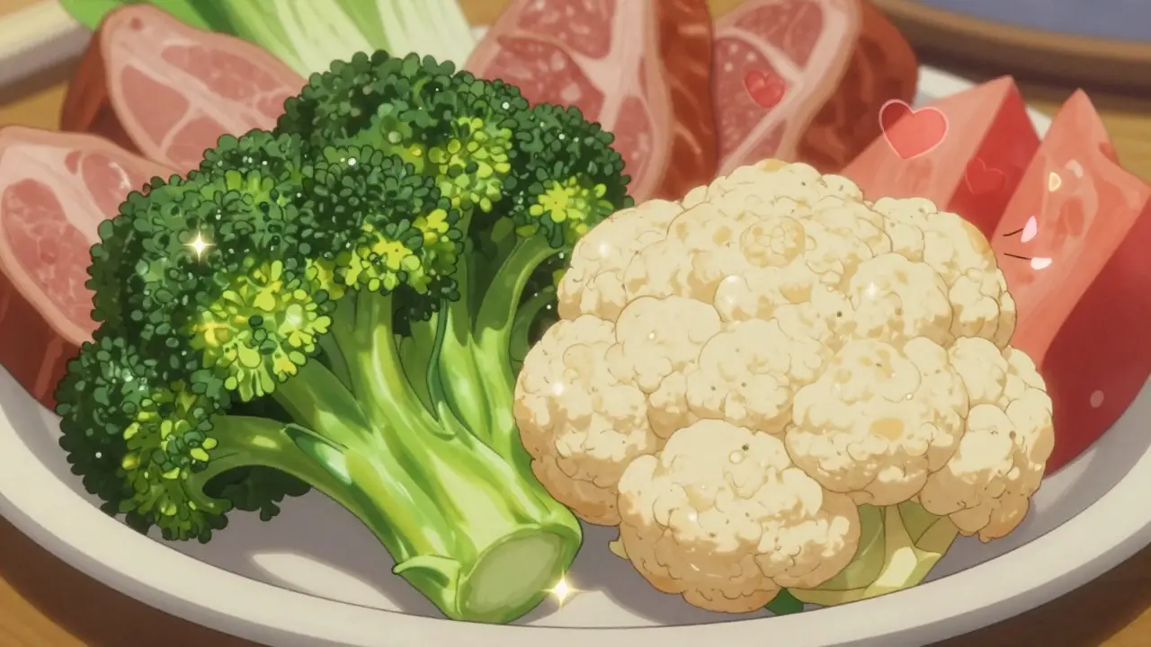 Vibrant anime-style plate of fresh vegetables and fruits glowing with health energy.